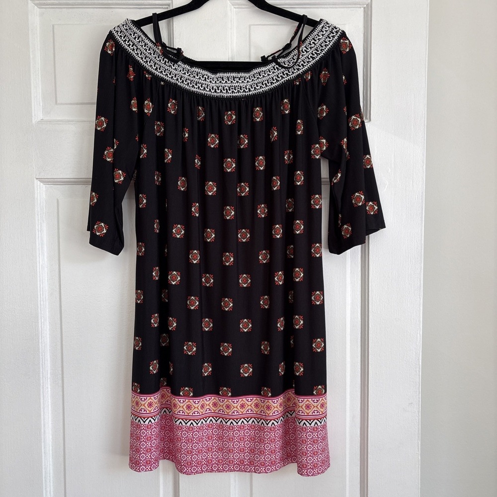 Black Boho Medallion Off Shoulder Mini Dress Medium 25R9081 Hippie Festival